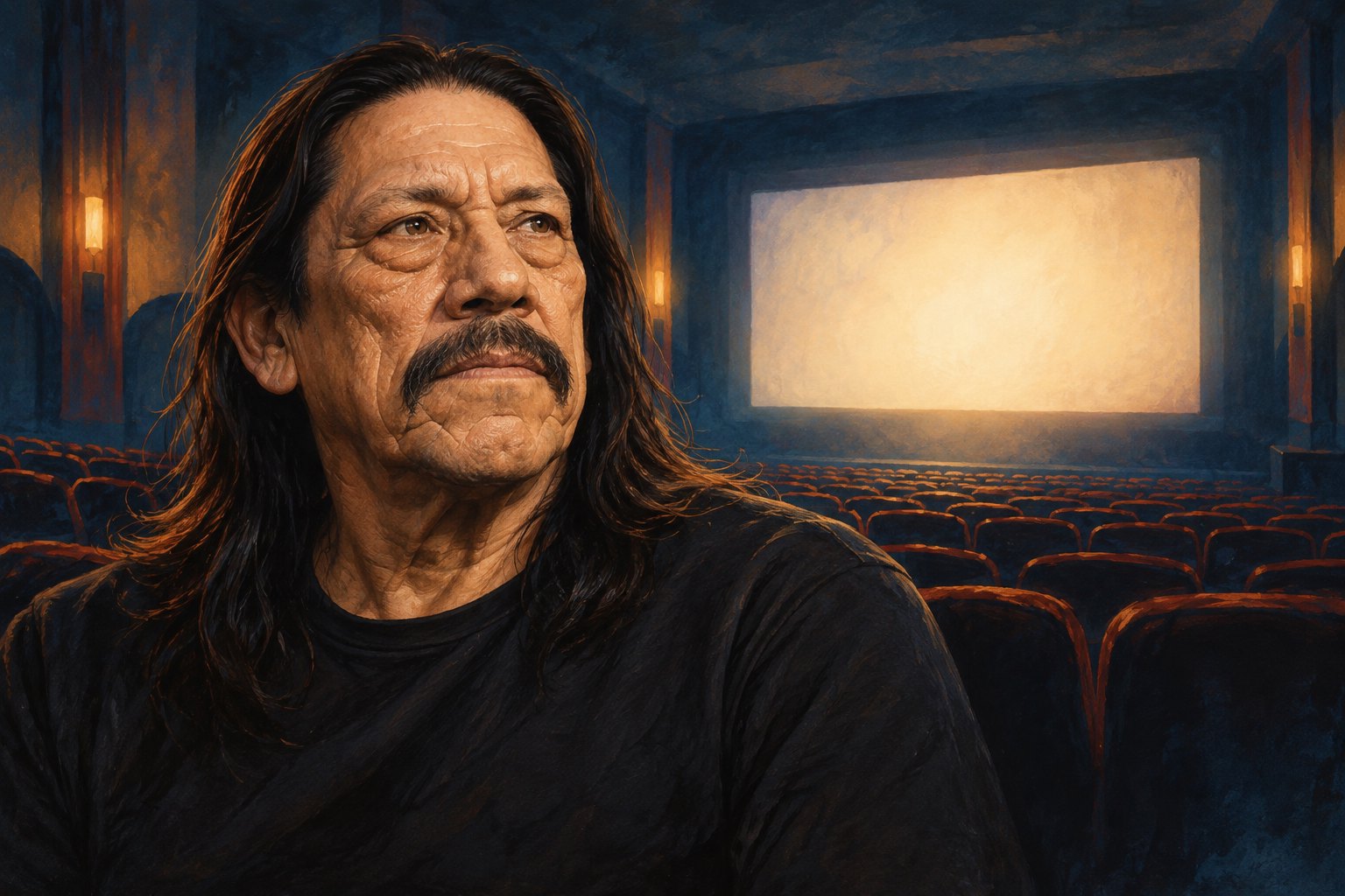 Painterly portrait of Danny Trejo in front of empty theater seats and a glowing blank cinema screen.