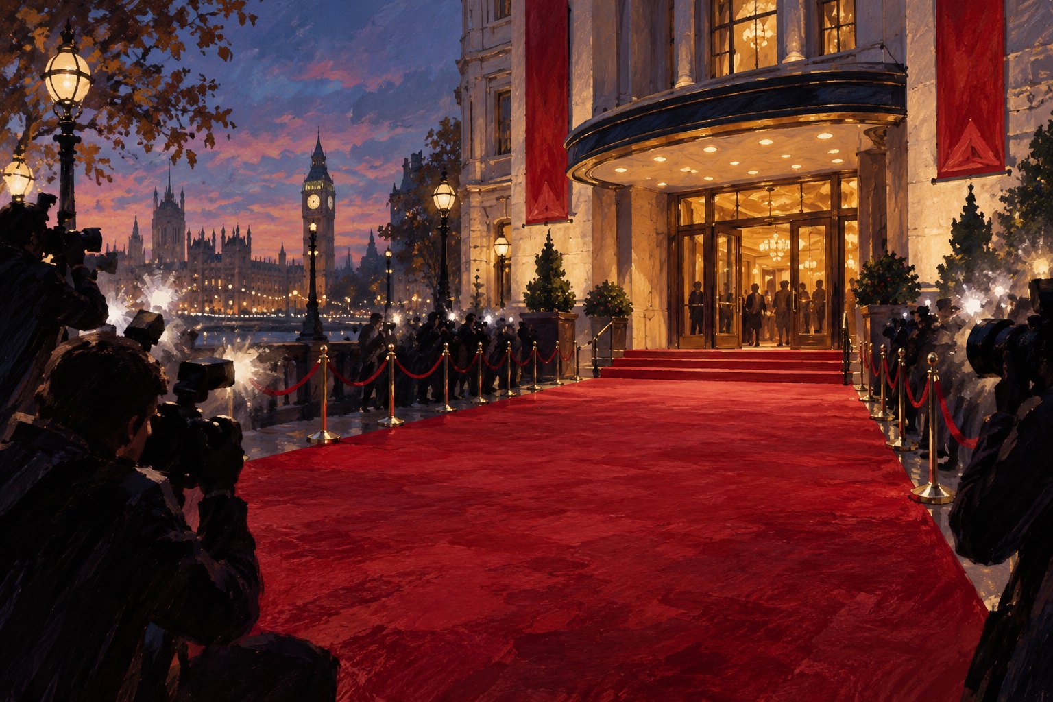 Painted illustration of an imagined London red carpet lined with photographers outside a warmly lit cinema at dusk.