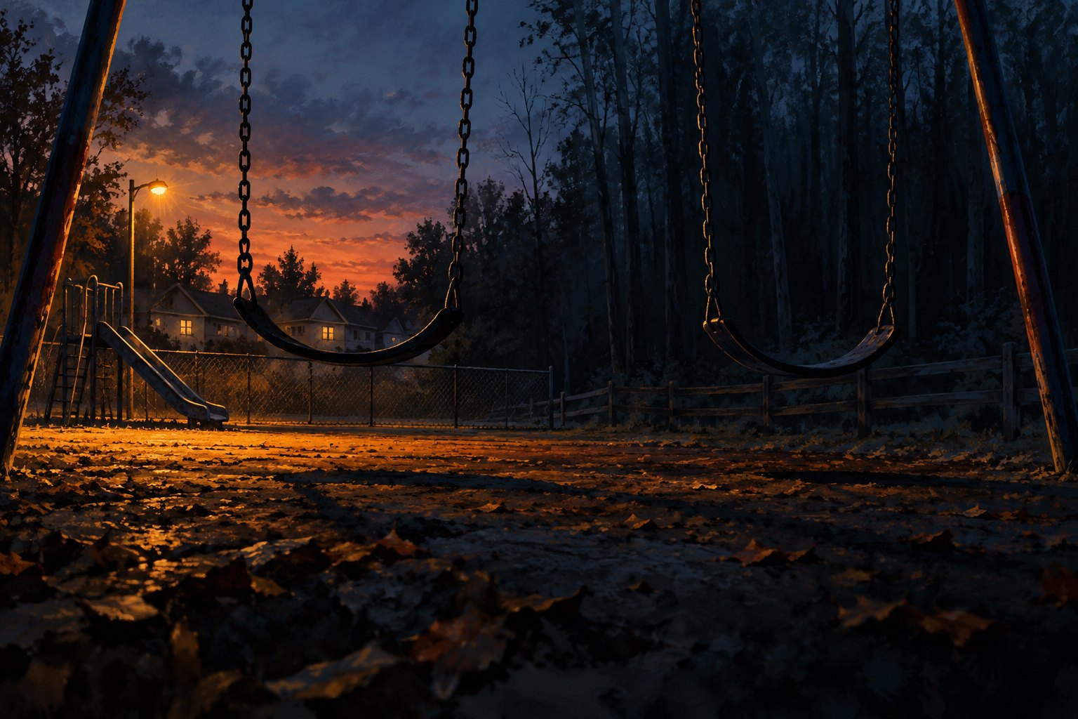 Conceptual illustration of an empty playground with two swings beside dark woods under amber lights at dusk.