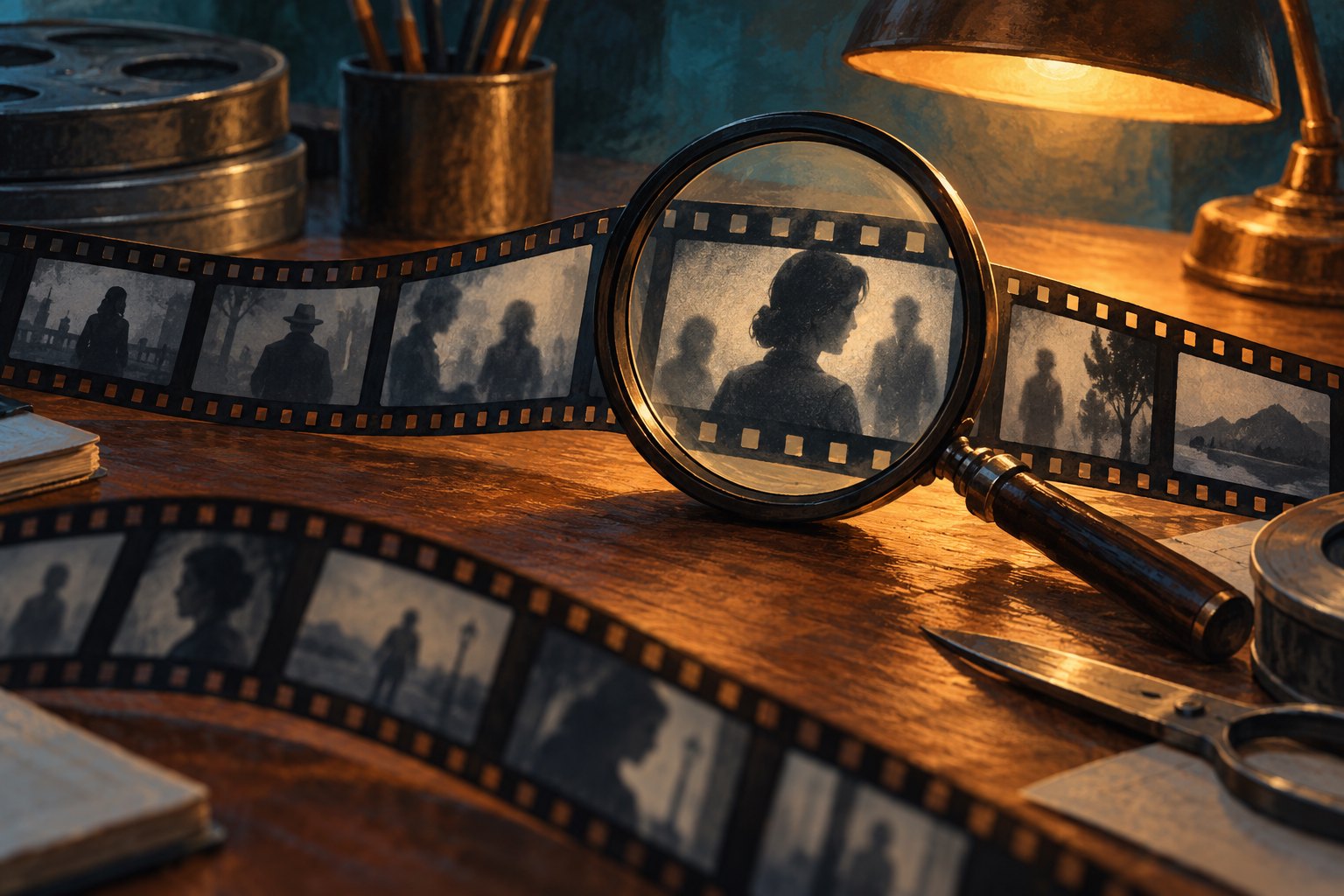 Editorial illustration of a magnifying glass enlarging a silhouetted figure on a filmstrip beneath a warm desk lamp.