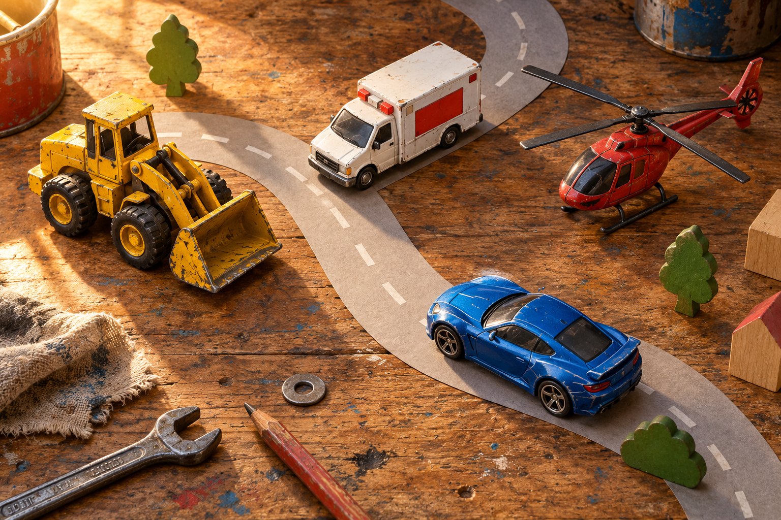 Conceptual illustration of a toy loader, ambulance, helicopter, and blue sports car surrounding a paper road on a wooden workbench.