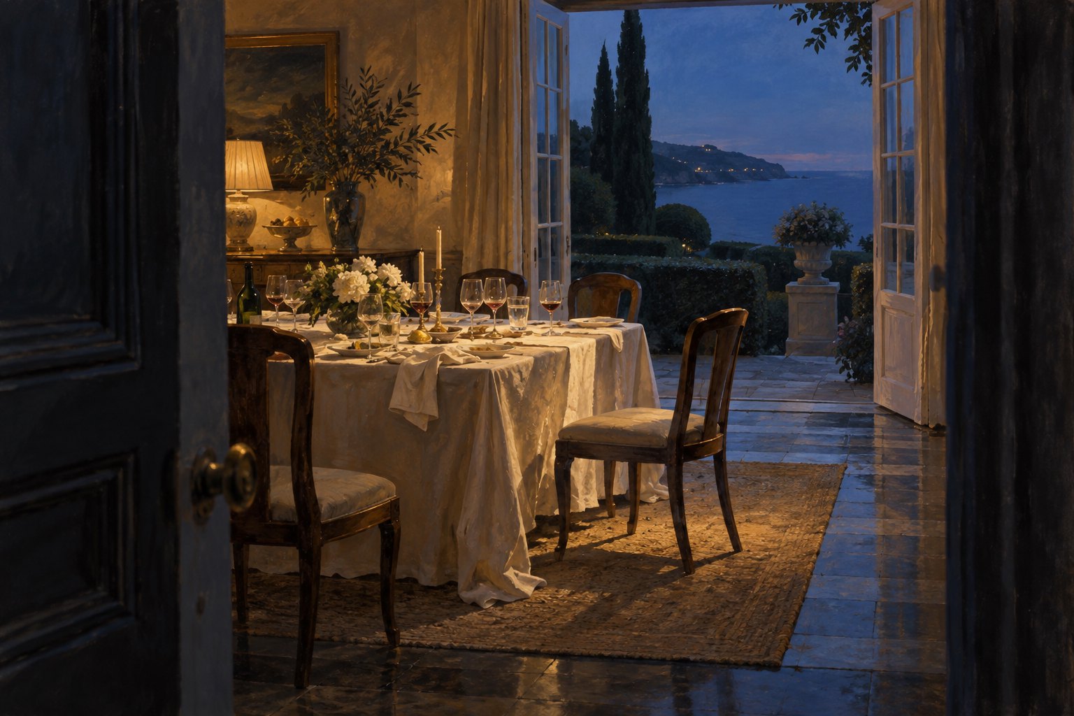 Conceptual illustration of an empty coastal dining room viewed through a shadowed doorway after dinner.