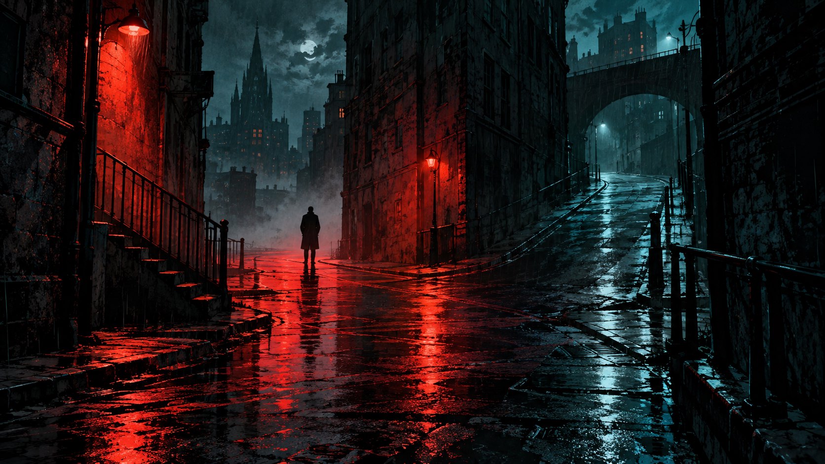 雨夜空蕩街道上的孤單人影,紅光與冷色陰影交錯的恐怖題材概念插圖,非電影劇照