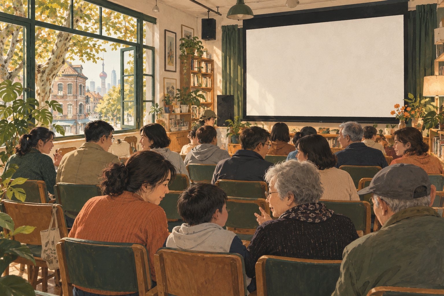 社区观影主题插画:居民坐在银幕前交流,窗外梧桐树映着暖光,非活动实景