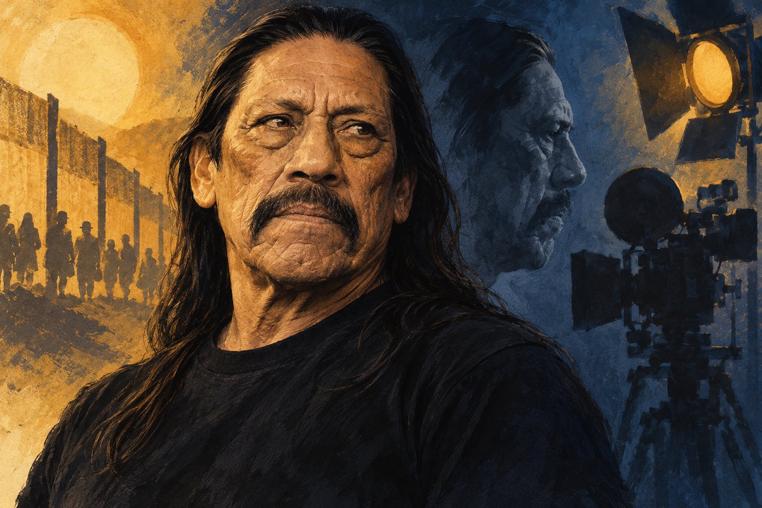 Conceptual illustration of Danny Trejo in amber and blue, with silhouetted figures and filmmaking equipment behind him.