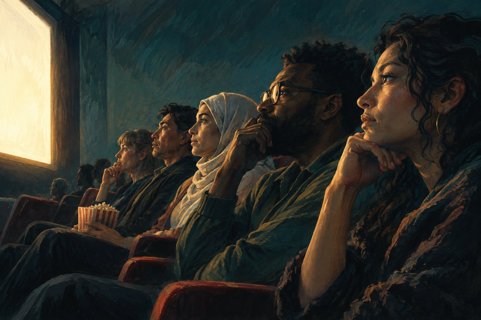 Painterly illustration of thoughtful moviegoers watching a glowing cinema screen, with light illuminating their faces.