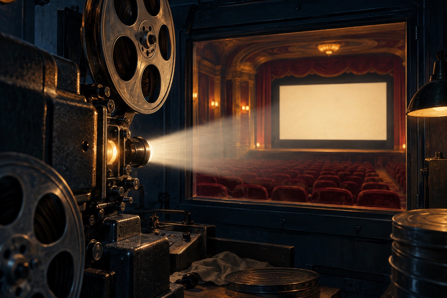 Illustration of a vintage film projector casting light toward a blank screen above burgundy theater seats.