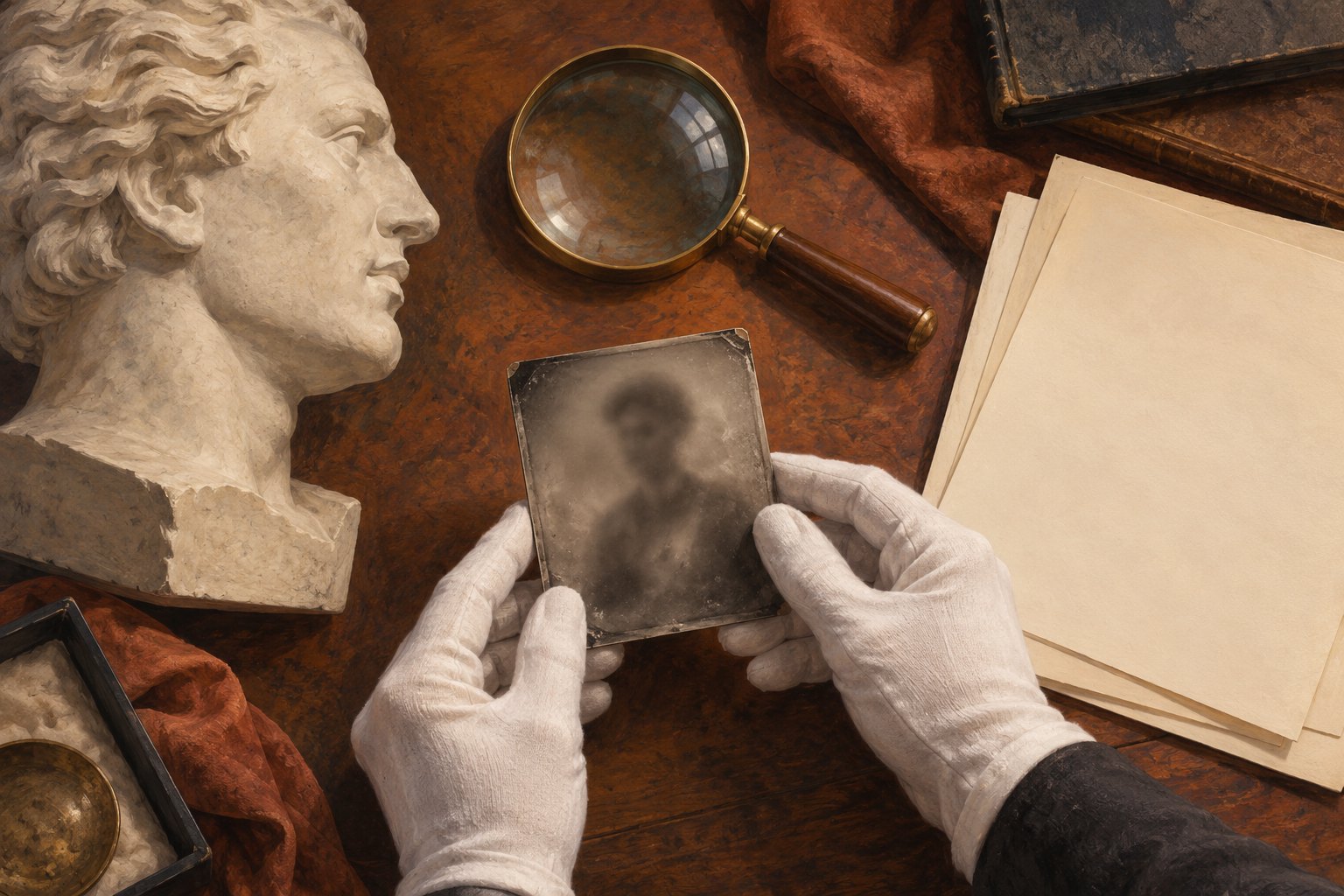 Conceptual illustration of gloved hands examining a photographic plate beside a plaster head, magnifying glass, and blank archival papers.