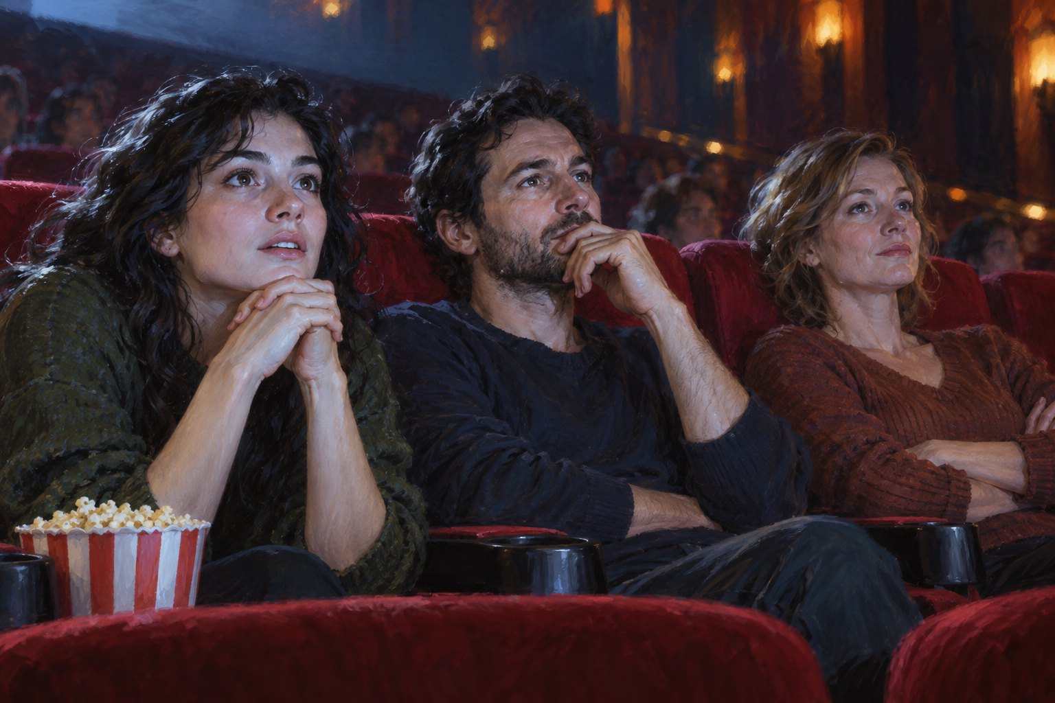 An illustration of three moviegoers watching a screen with absorbed, thoughtful, and reserved expressions.
