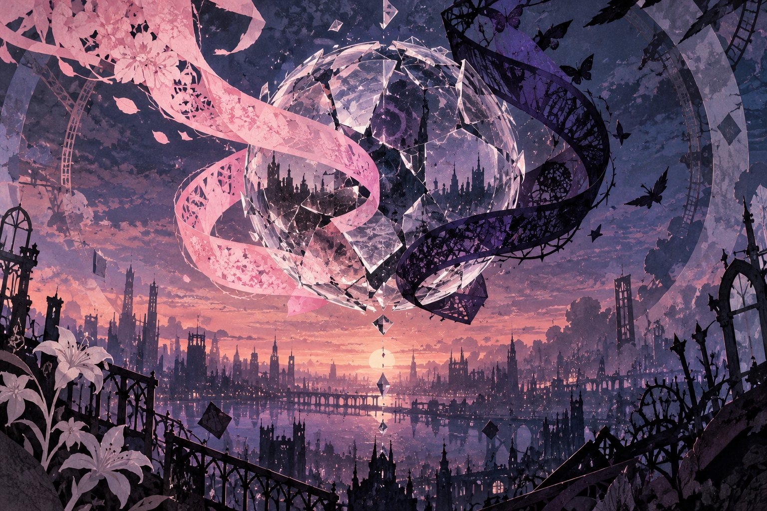 Symbolic illustration of pink and violet ribbons surrounding a fractured glass sphere above a twilight city.