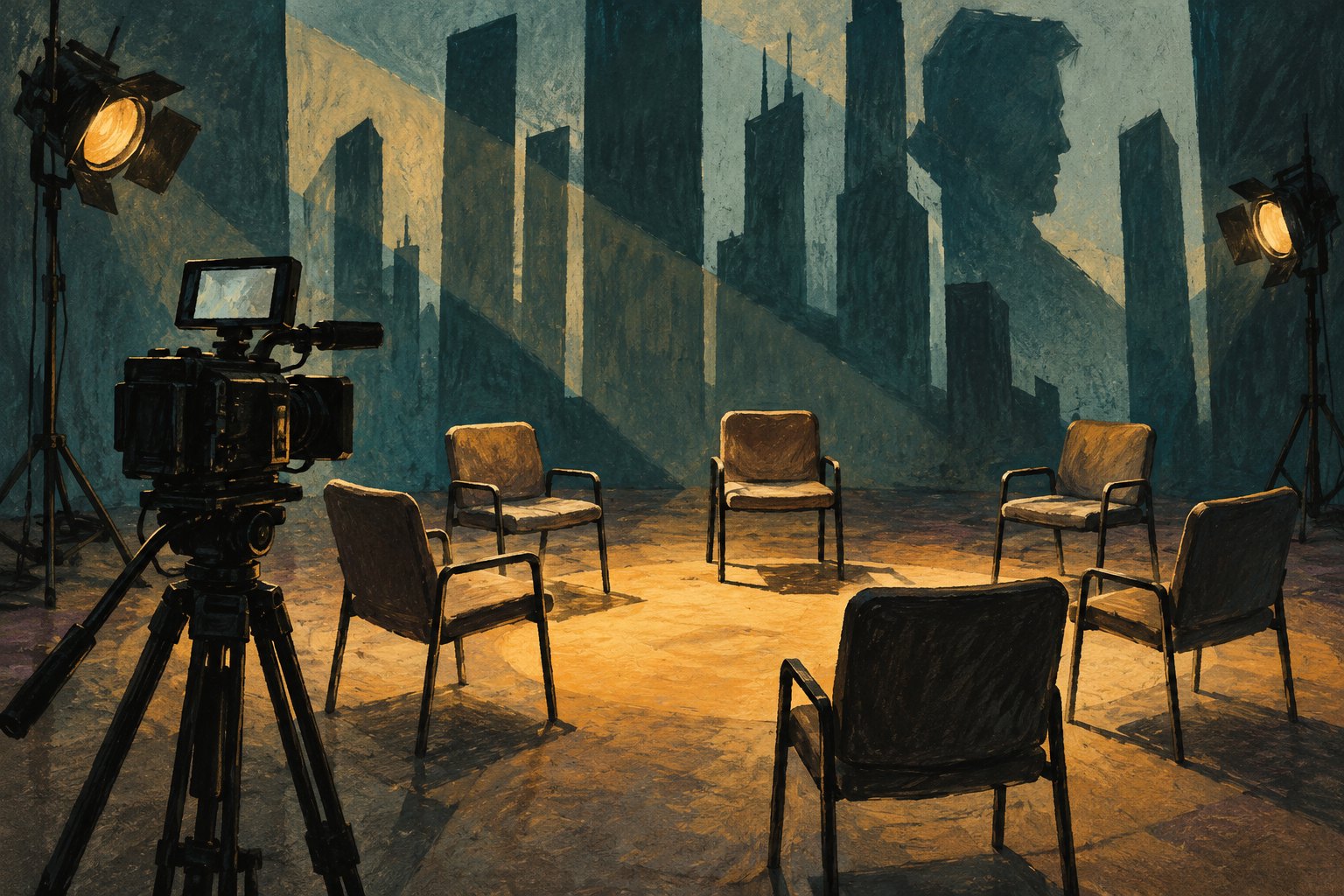 Conceptual illustration of a documentary camera facing empty interview chairs under warm studio lights and looming architectural shadows.