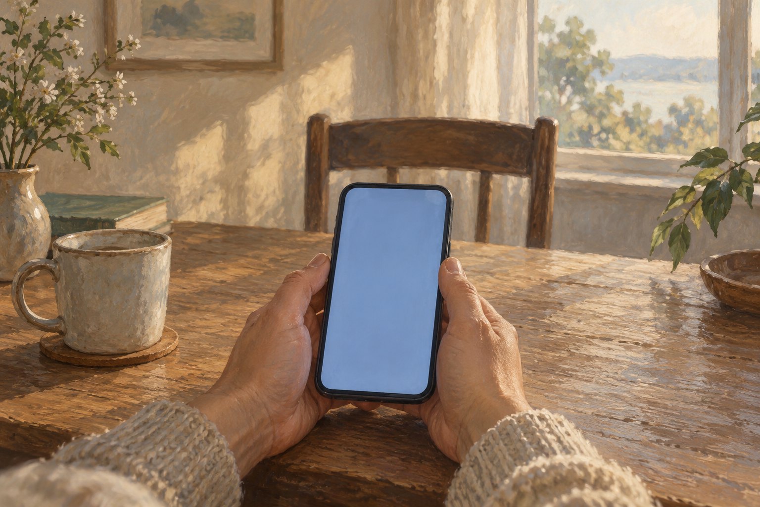 Conceptual illustration of hands holding a phone with a blank blue screen beside an empty chair in a sunlit room.