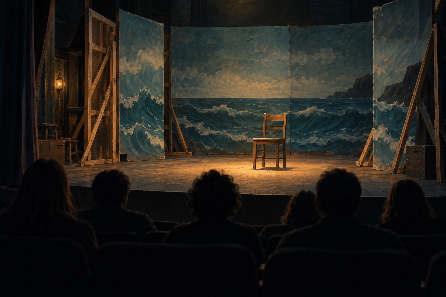 Conceptual illustration of an audience facing an empty chair and painted ocean scenery on a wooden theater stage.