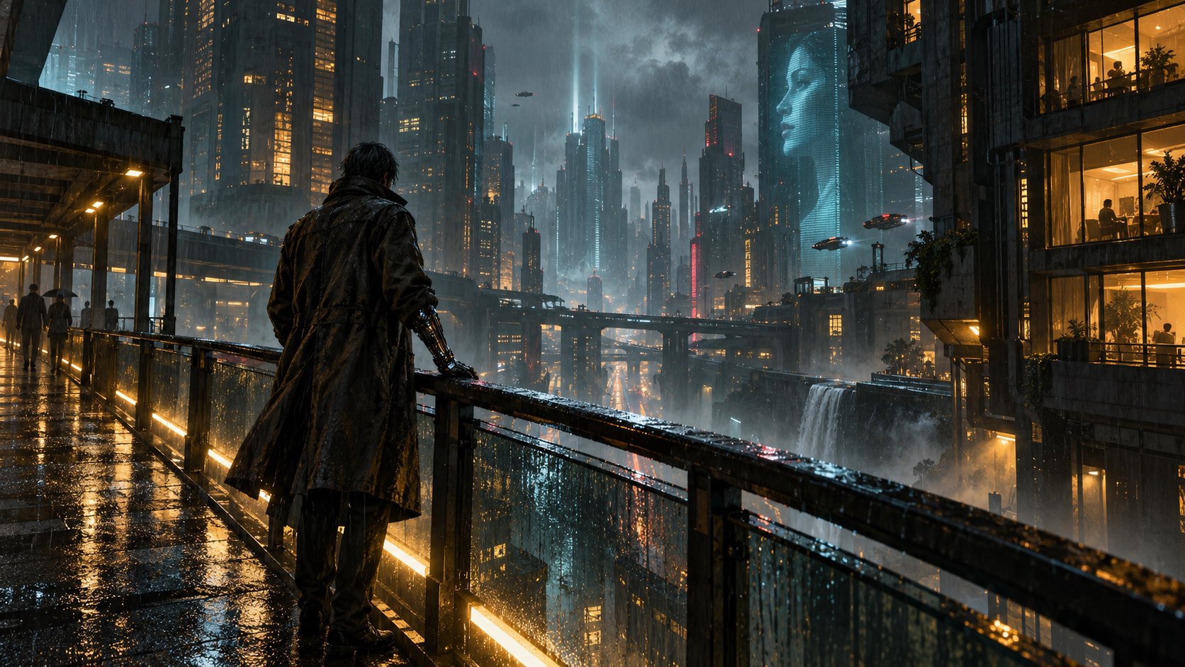 原創概念示意:雨夜中的機械手臂人物站在高架步道,望向巨大的未來城市,非電影劇照