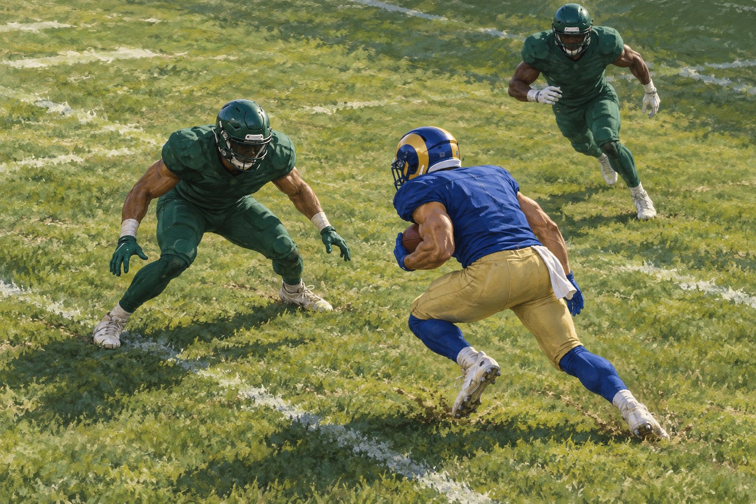 Editorial illustration of a green-uniformed defender approaching a blue-and-gold ball carrier as a teammate closes from behind.