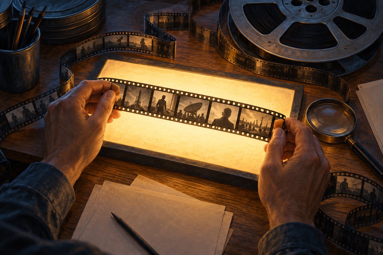Conceptual illustration of hands examining a filmstrip over a glowing light box, surrounded by film reels and unmarked papers.