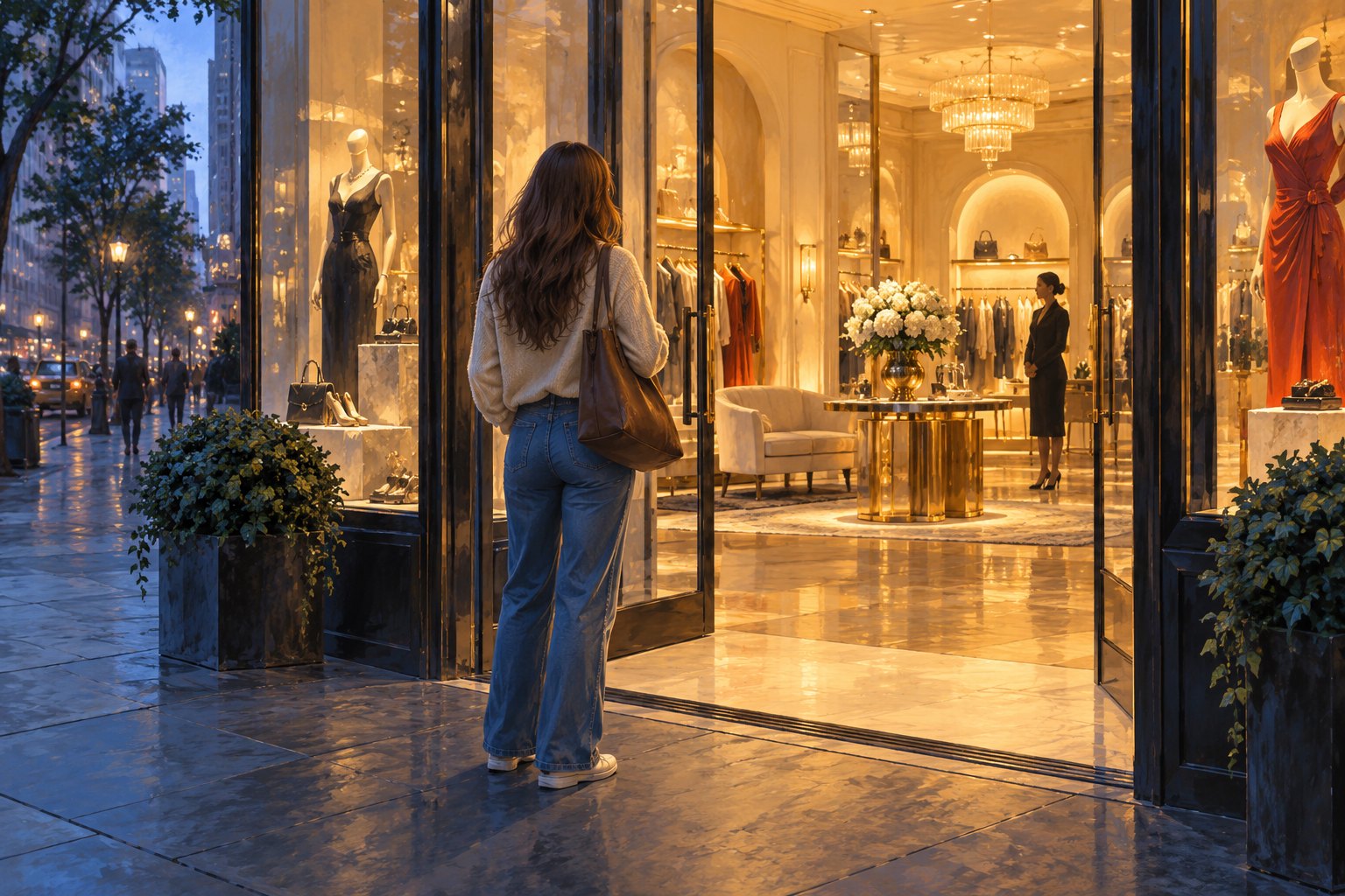 Conceptual illustration of a casually dressed woman standing outside a warmly lit boutique on a blue-toned city sidewalk.