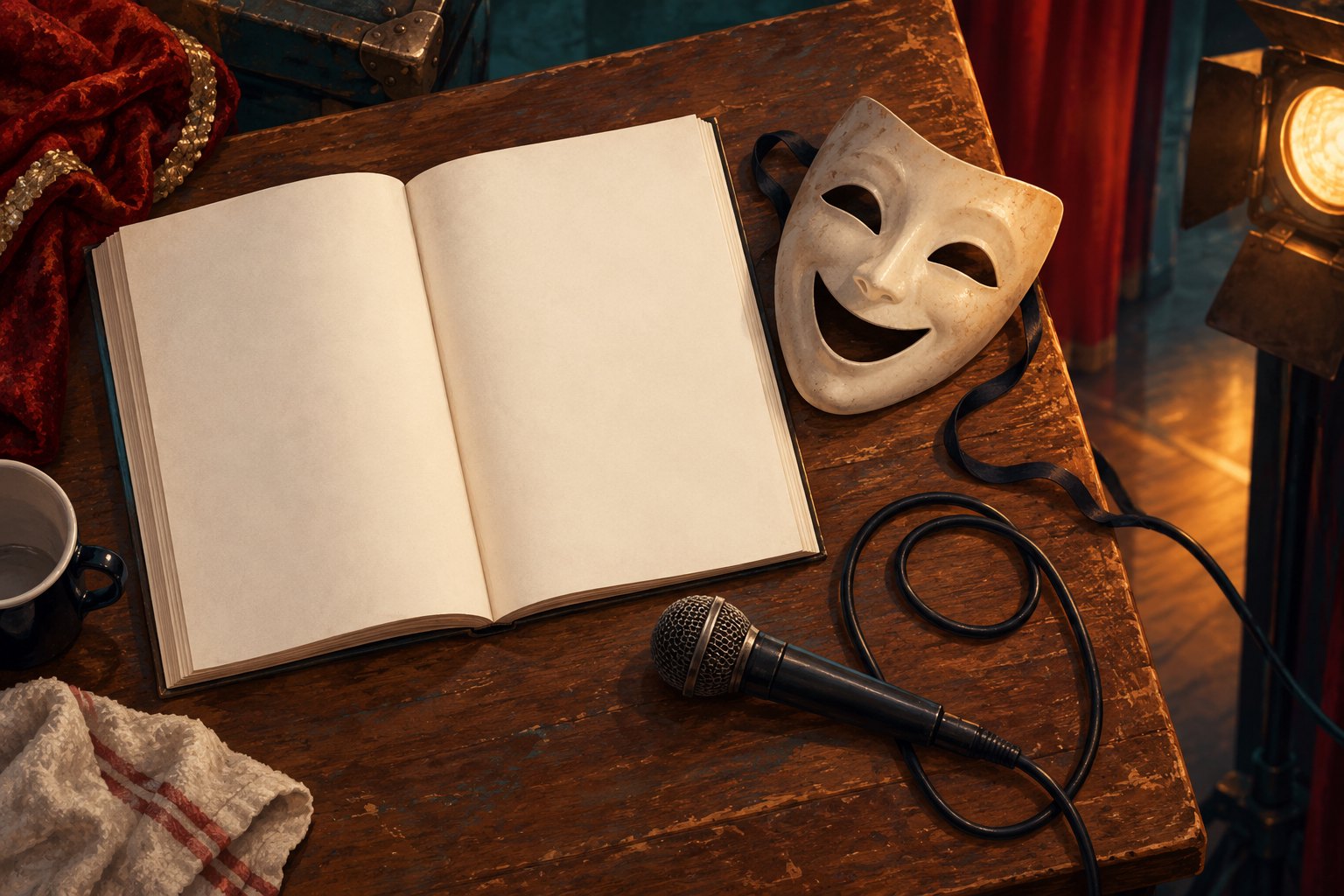 Conceptual illustration of an open blank script, theatrical mask, and wired microphone on a backstage table.