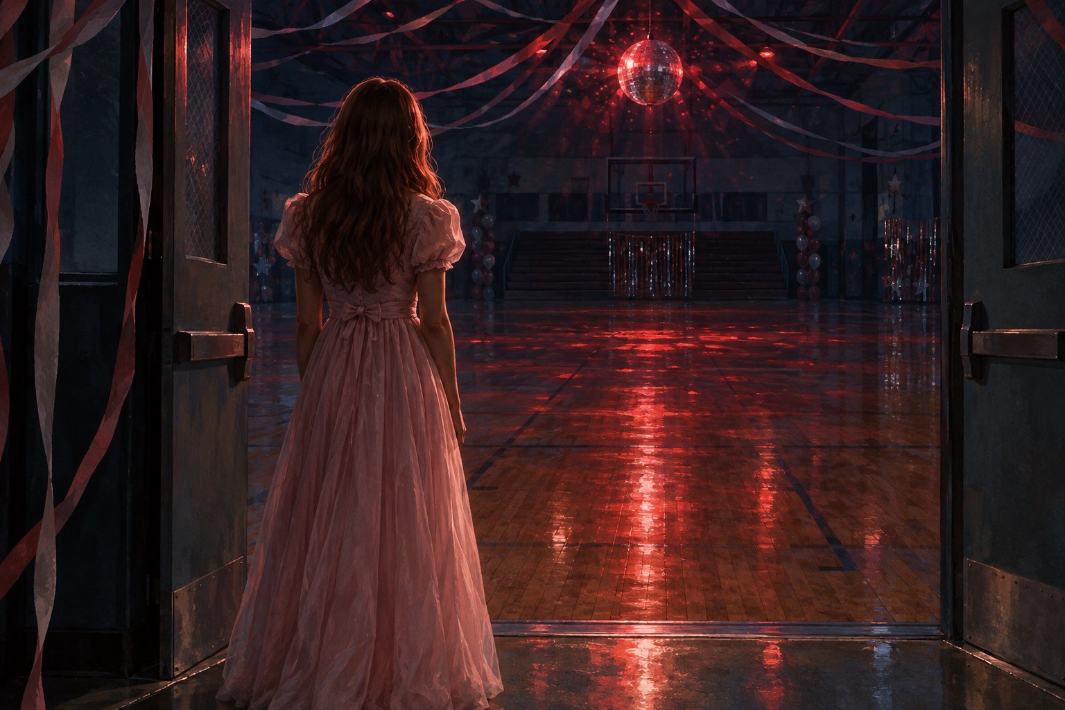 Conceptual illustration of a girl in a pale pink dress looking into an empty gymnasium beneath streamers and a red-lit disco ball.