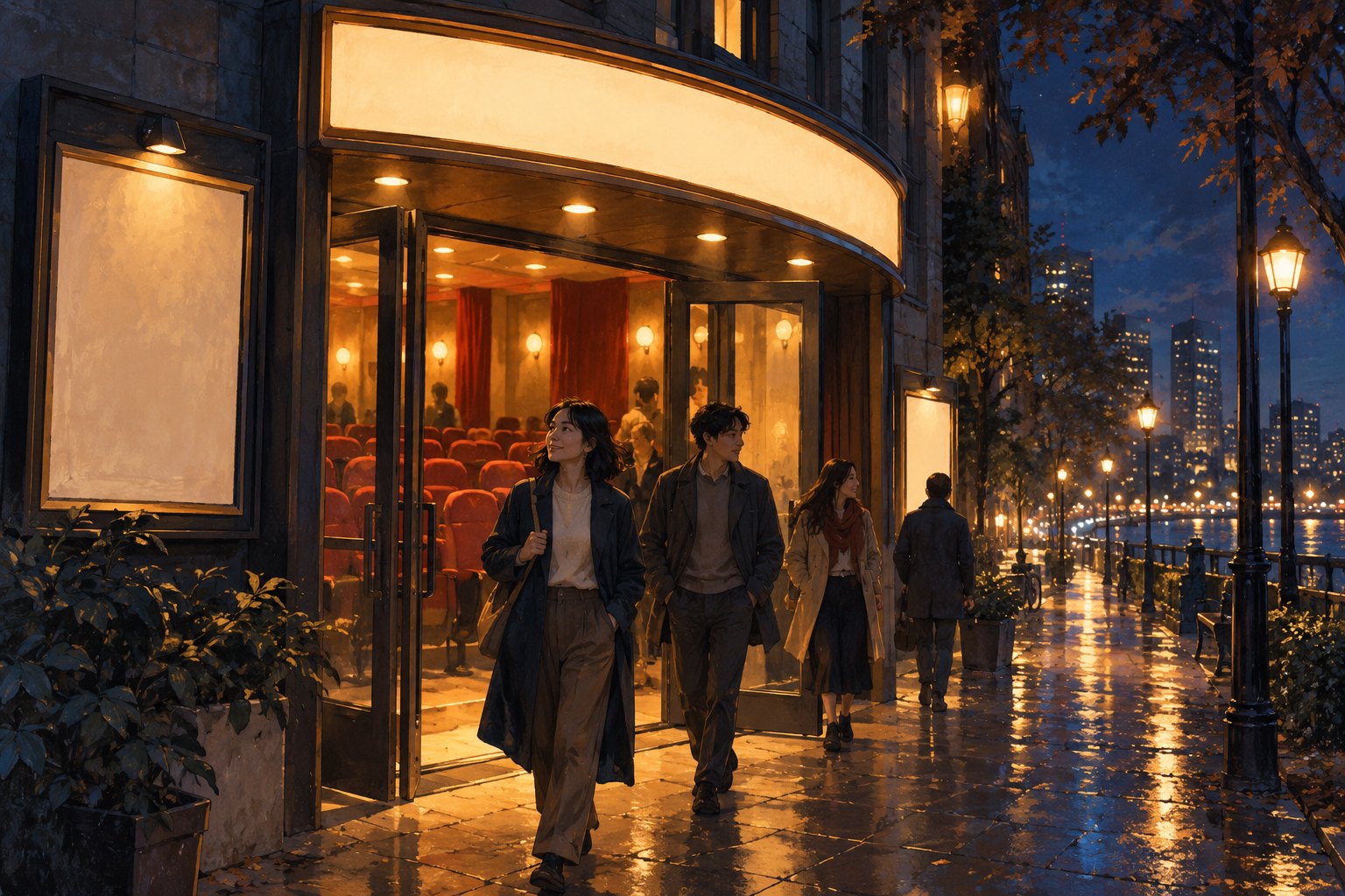 夜色中，观众走出亮着暖光的电影院，街道灯光向远处延伸的原创插画