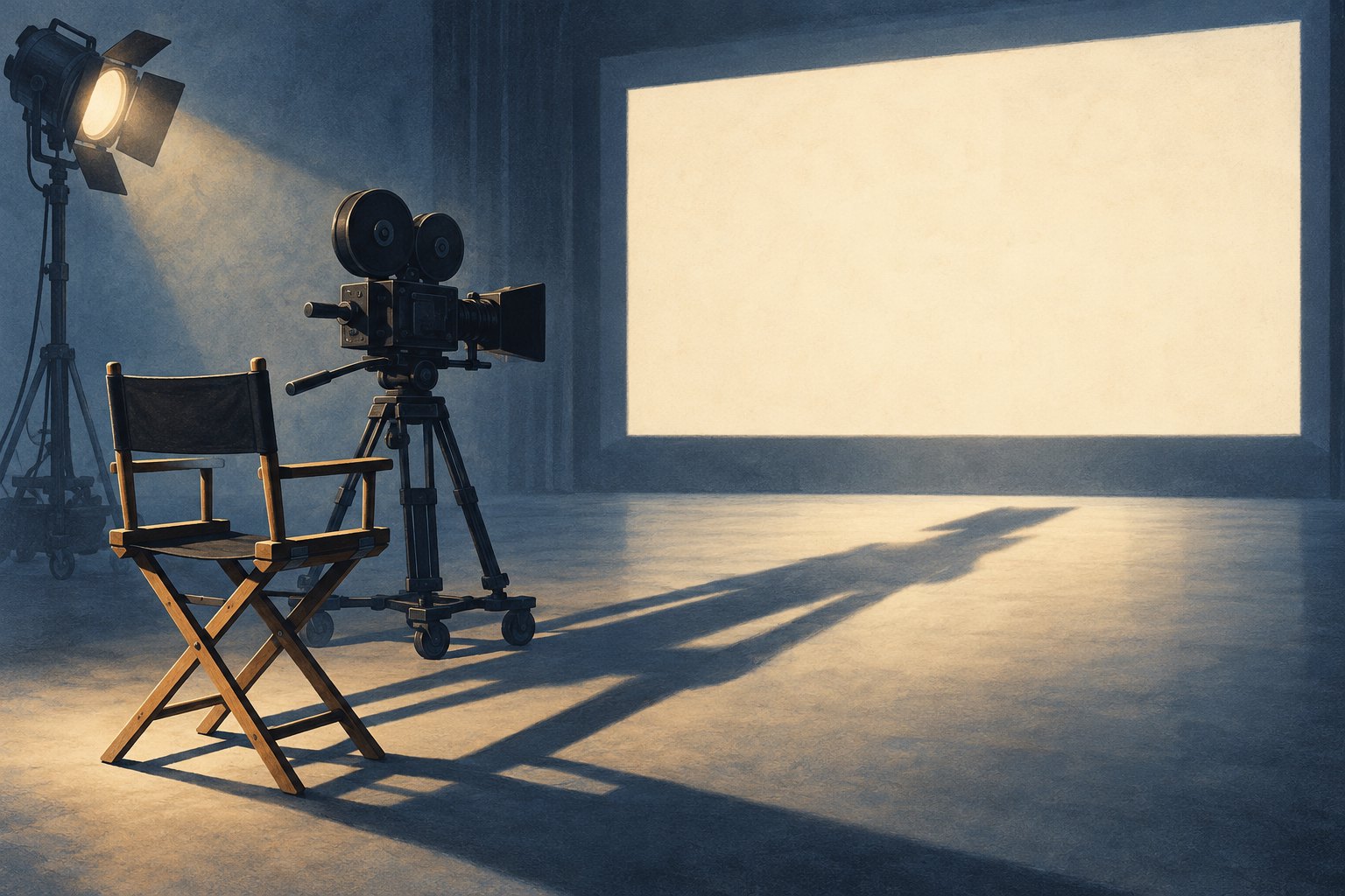 Conceptual illustration of an empty actor’s chair and movie camera casting long shadows toward a blank illuminated screen.