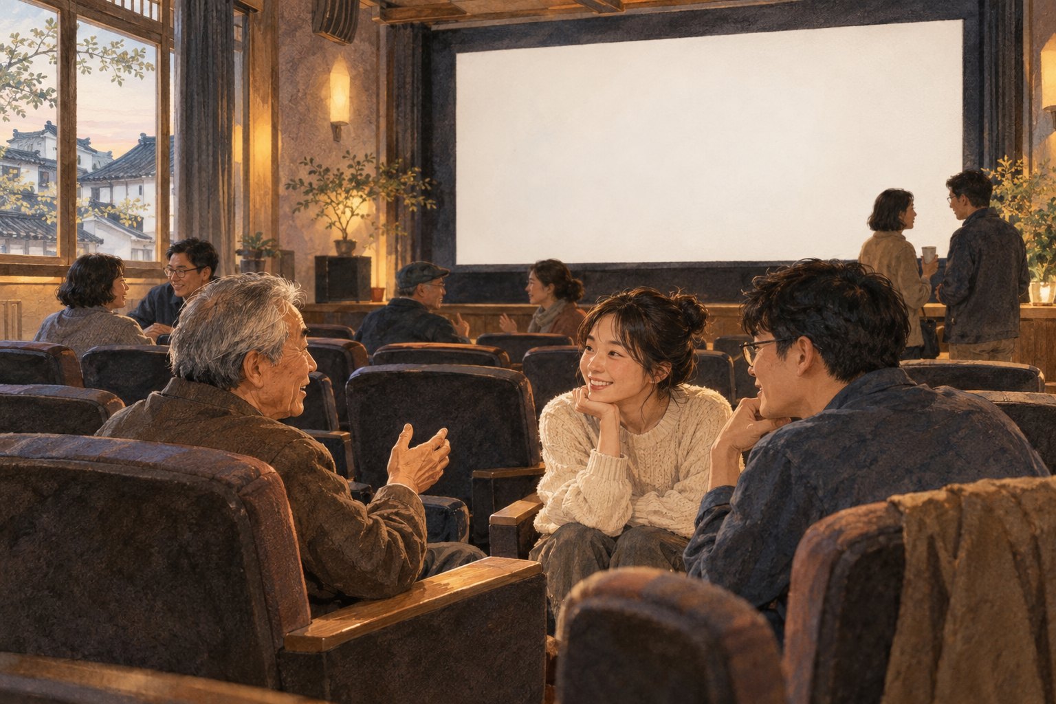 不同年龄的观众在小型影院内交流观影感受,表现电影融入社区日常的概念插画