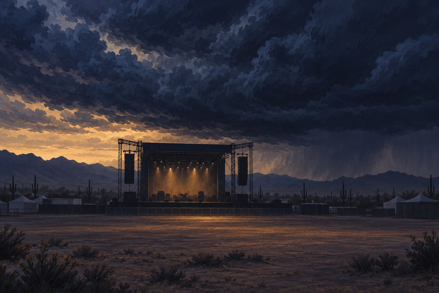 Conceptual illustration of a silent outdoor concert stage beneath dark storm clouds in a desert landscape.