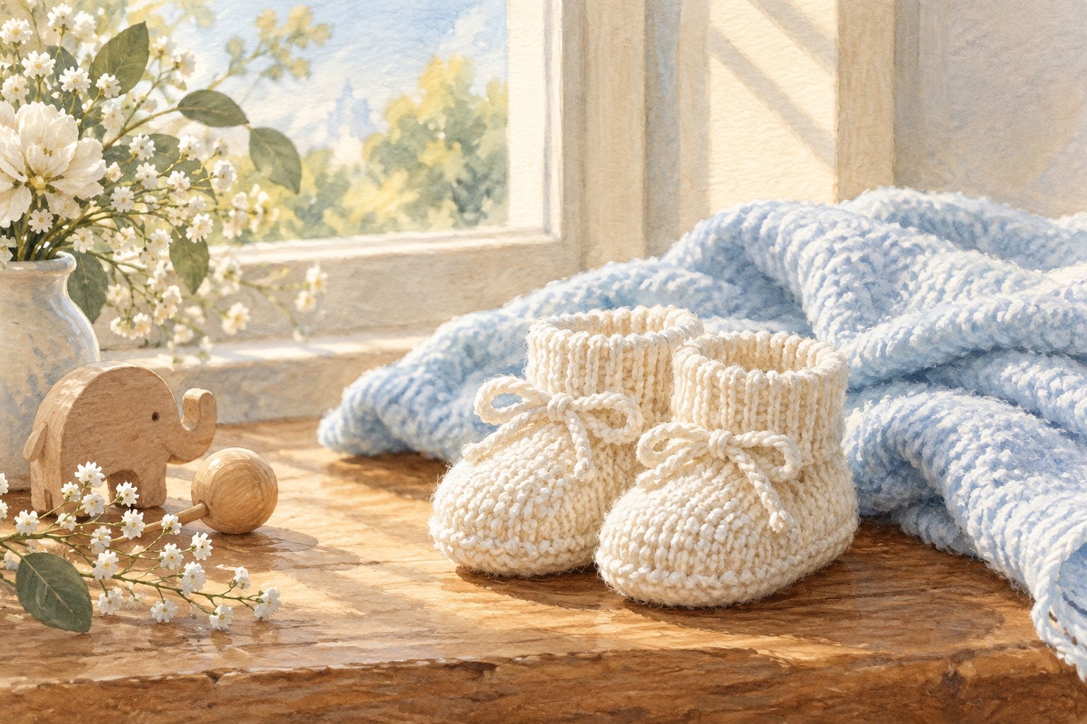 Illustration of cream knitted baby booties beside a pale blue blanket on a sunlit wooden surface.