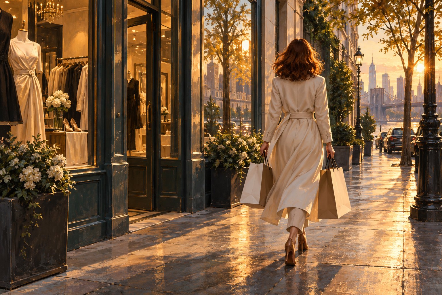 Painterly illustration of an auburn-haired woman carrying shopping bags away from an elegant boutique at sunset.