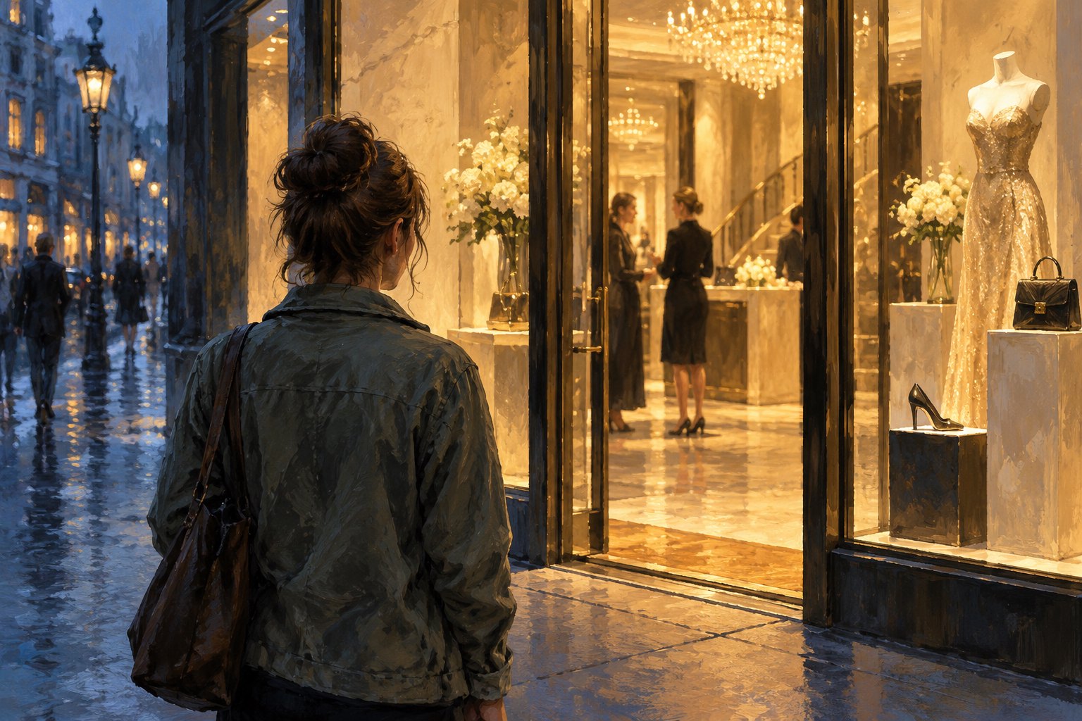 Conceptual illustration of a casually dressed woman facing a warmly lit boutique from a blue city sidewalk.
