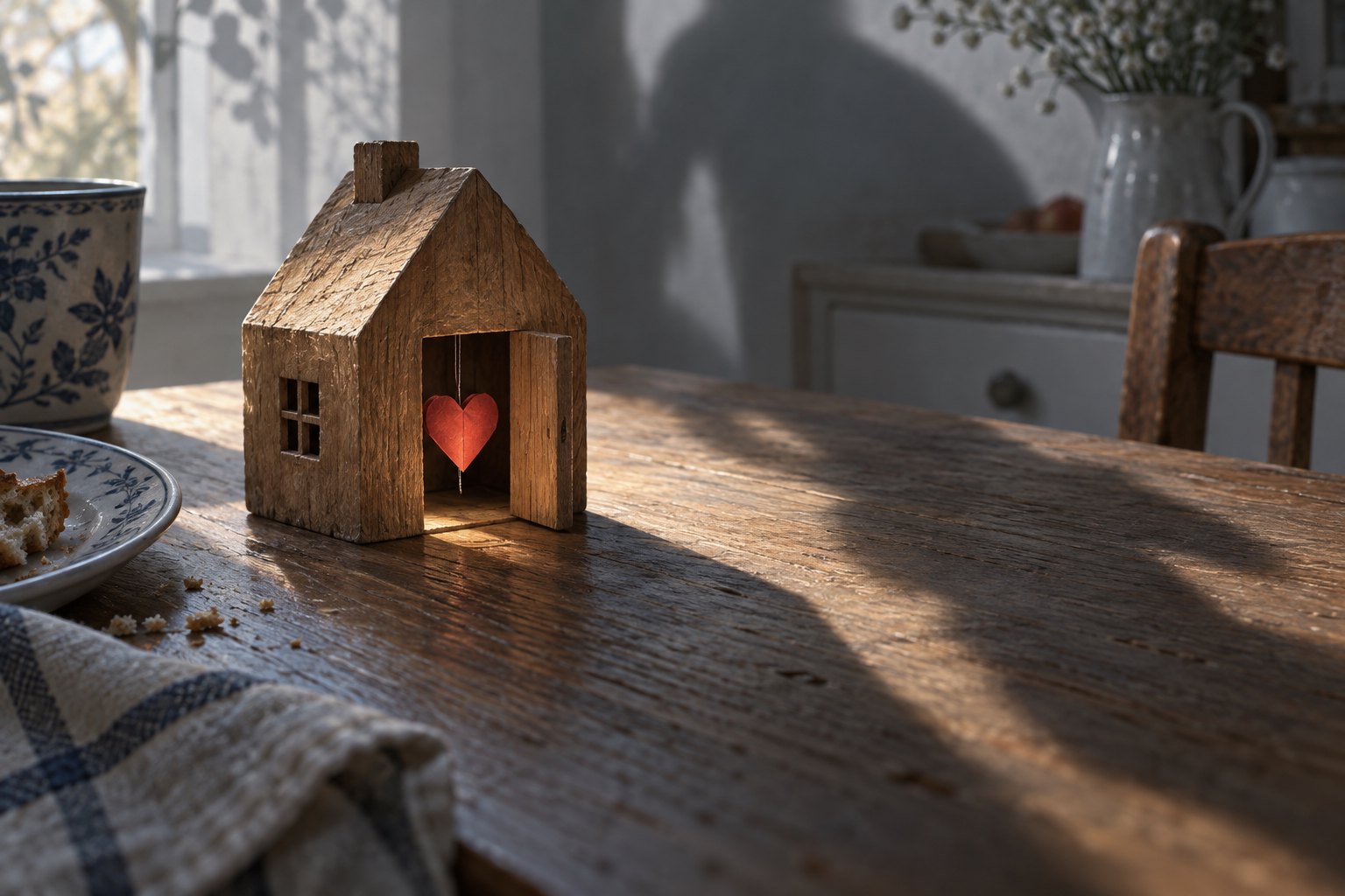 Concept illustration of a red paper heart suspended inside a wooden house as a human-shaped shadow looms behind it.