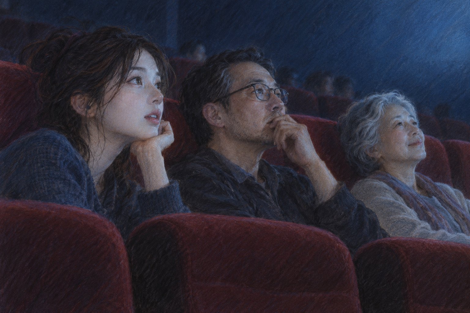 原创插画:三位不同年龄的观众坐在酒红色影院座椅上,在银幕光照下专注观看