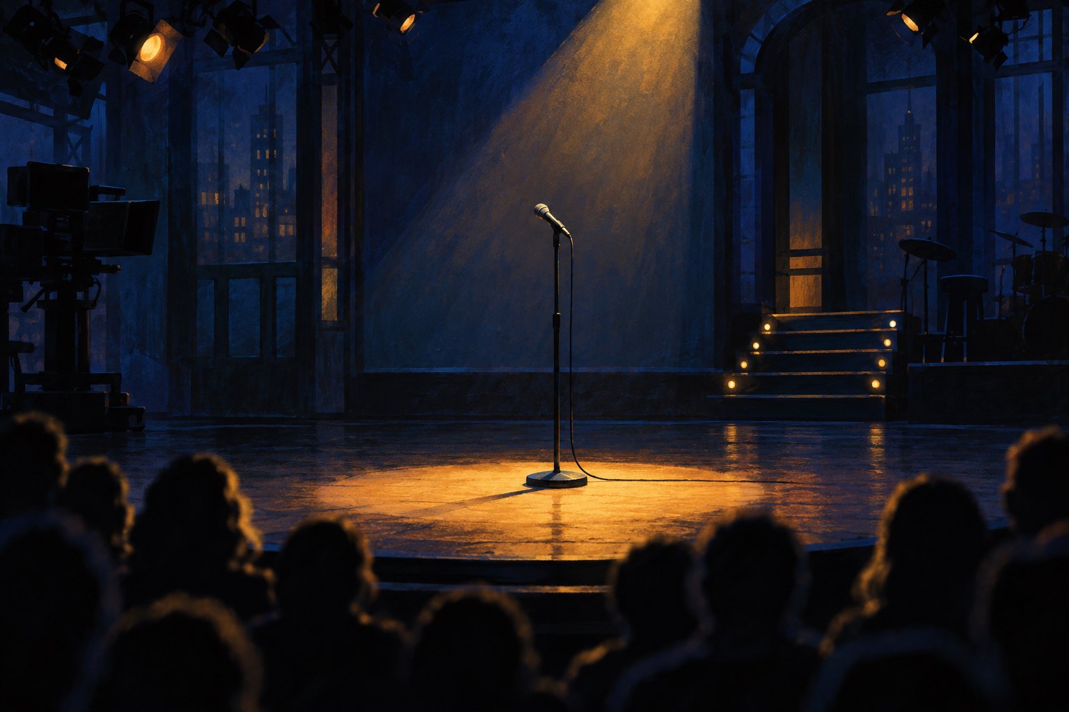 Conceptual illustration of a microphone under an amber spotlight on a dark television stage, framed by audience silhouettes.