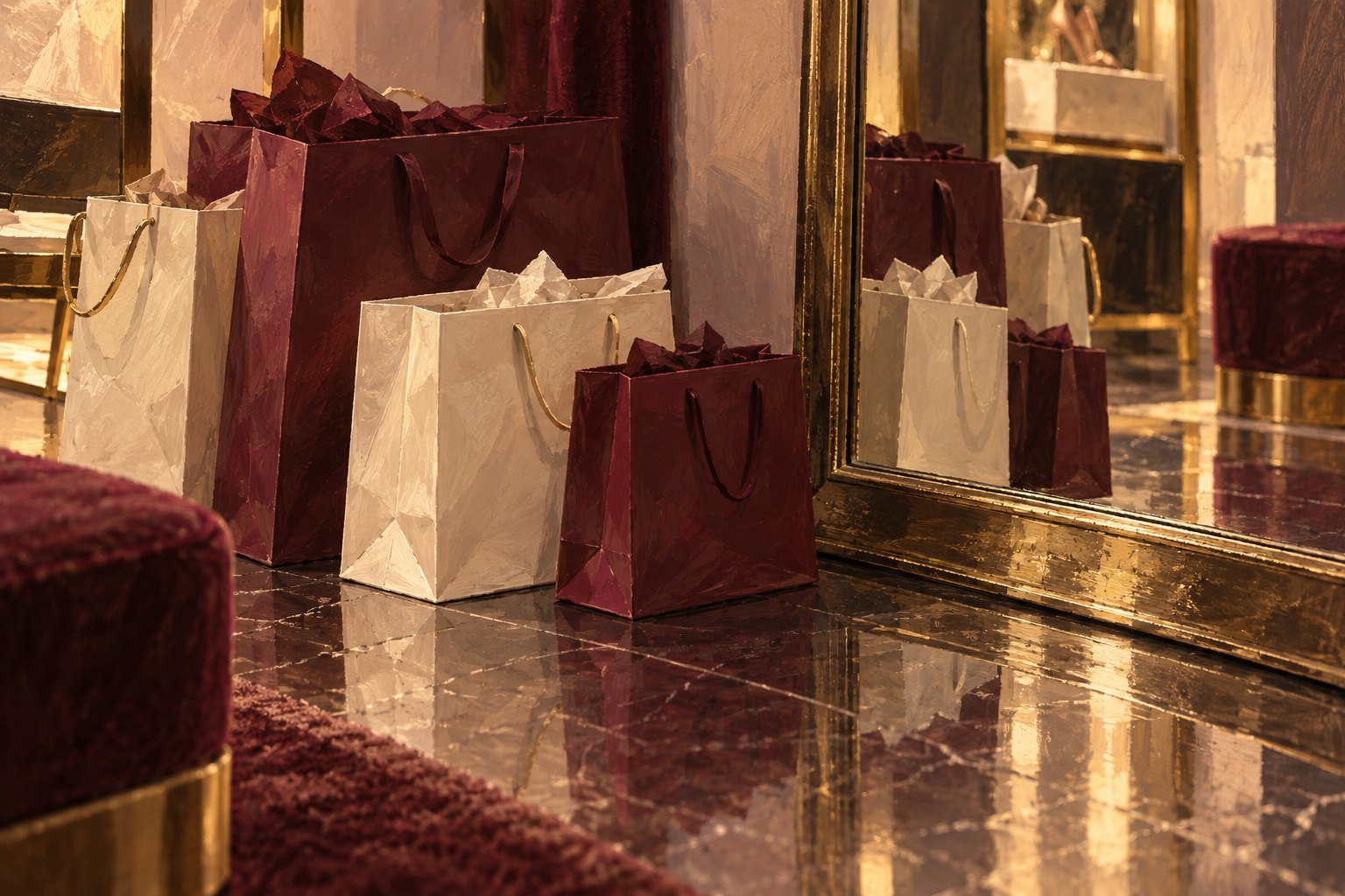 Painterly illustration of cream and burgundy shopping bags reflected in a gold-framed boutique mirror.
