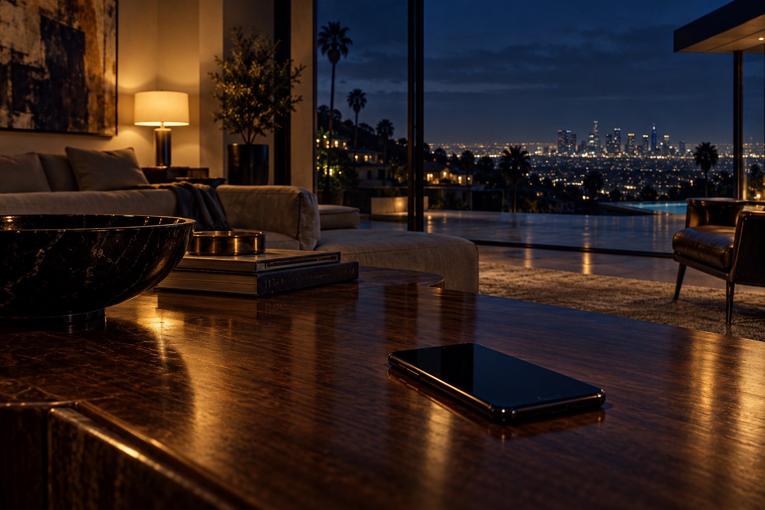 Conceptual illustration of a smartphone on a wooden table in a luxurious living room overlooking Los Angeles at night.