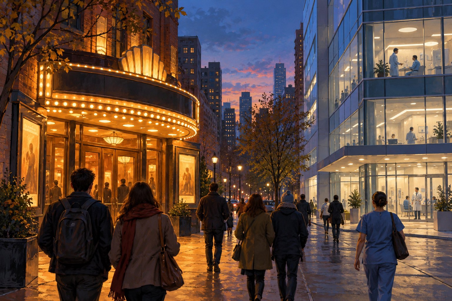 Conceptual illustration of pedestrians between a warmly lit neighborhood cinema and a glass medical building at dusk.