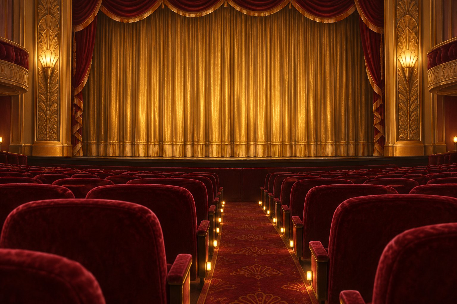 Symbolic illustration of empty burgundy theater seats facing a closed gold curtain.