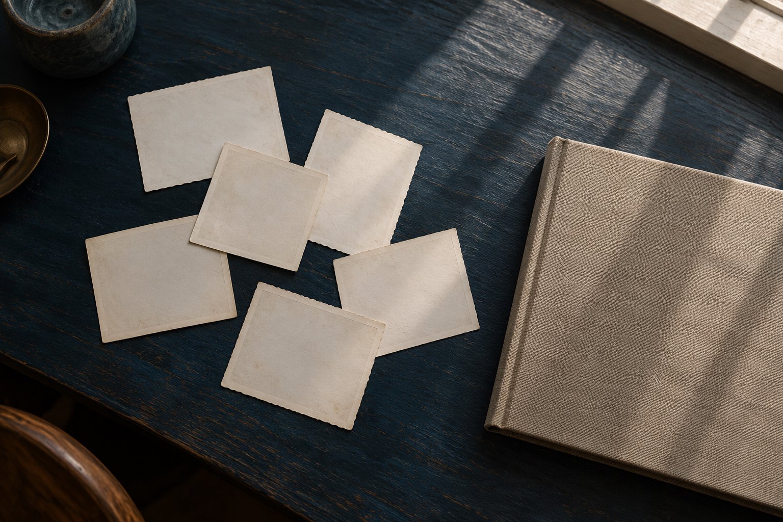 Conceptual illustration of photographs placed face down beside a closed linen album on a dark wooden table.