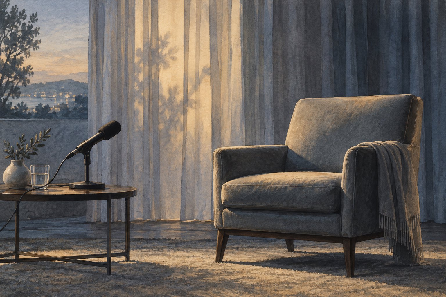 Editorial illustration of an empty armchair beside a microphone and softly lit curtains.