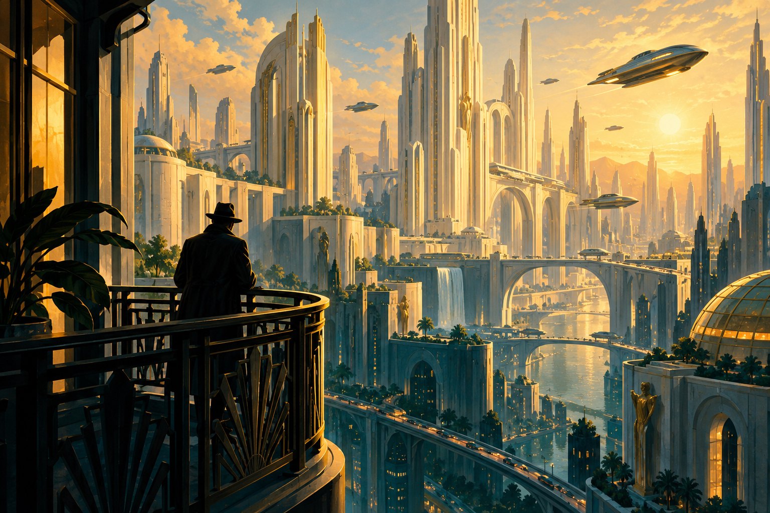 Conceptual illustration of a lone detective overlooking a sunlit Art Deco future city with deep shadows below.