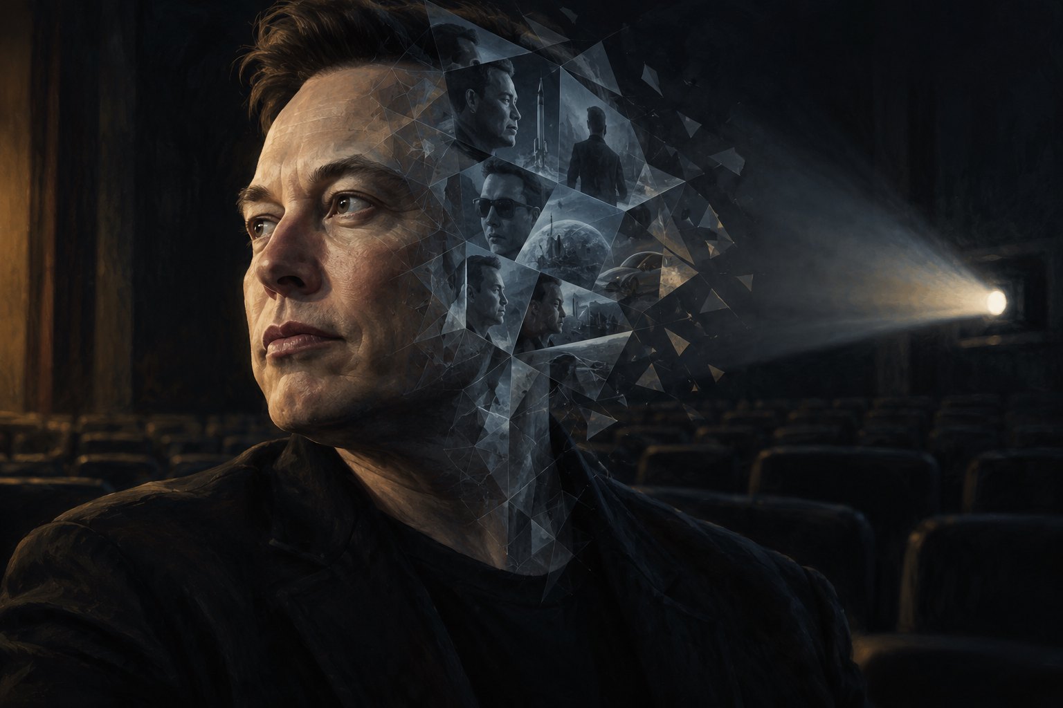 Conceptual illustration of Elon Musk’s face dissolving into geometric fragments inside a dark movie theater.