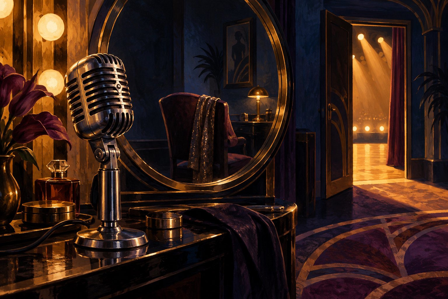 Conceptual illustration of a vintage microphone beside a dressing-room mirror reflecting an empty chair, with stage lights beyond an open door.