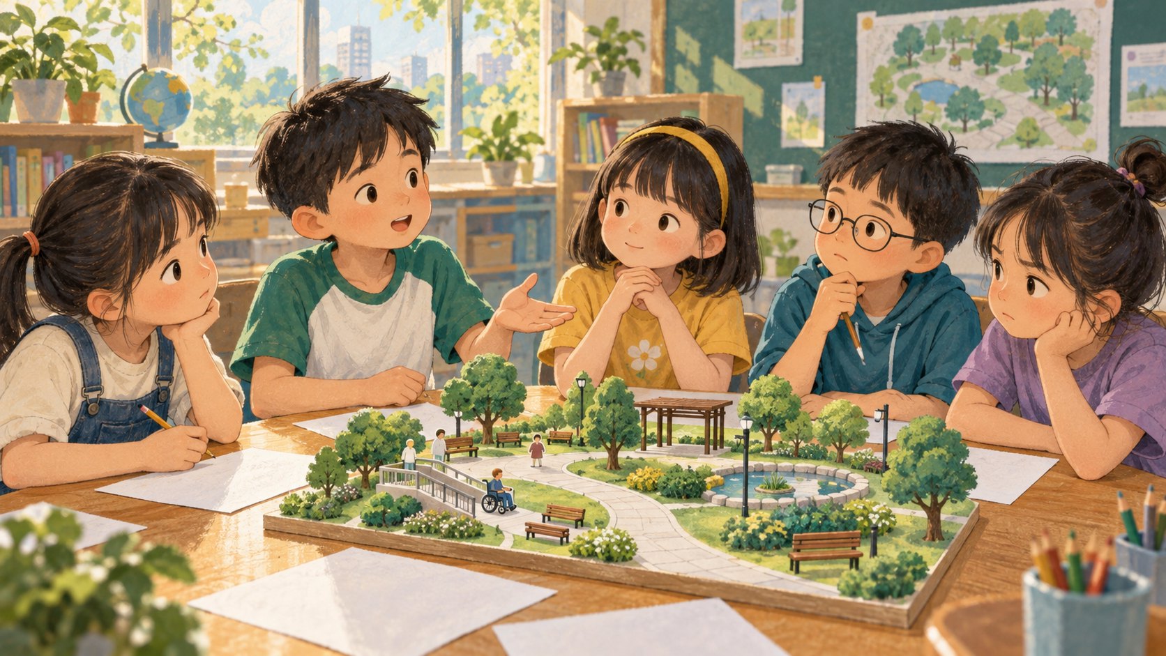 孩子圍著公園模型分享想法、聆聽同伴,呈現公共討論練習的概念插畫