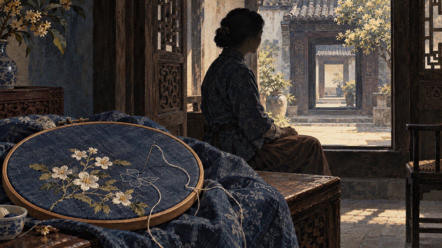 刺繡繃框旁的女子靜坐木窗邊,望向層層院門,以概念插畫呈現深宅中的選擇與寂寞
