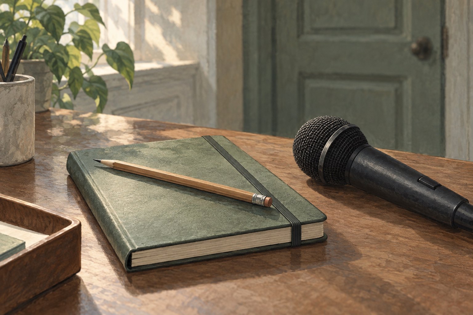 Editorial illustration of a closed green notebook, pencil, and handheld microphone on a sunlit wooden desk.