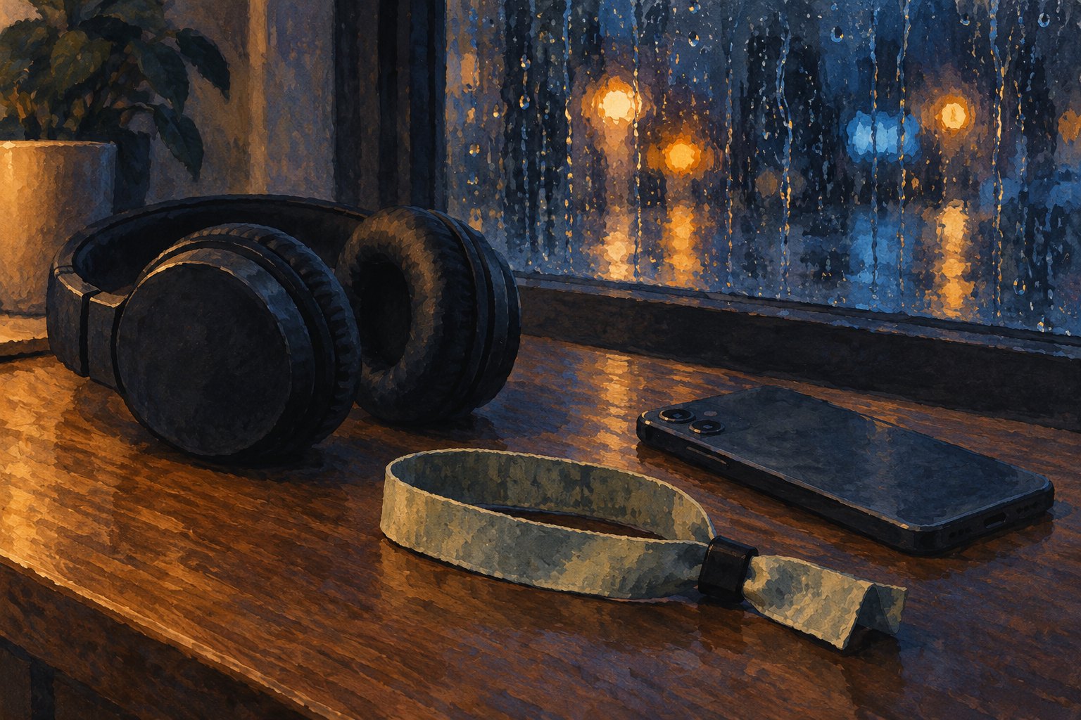 Conceptual illustration of a plain festival wristband, headphones, and a face-down phone beside a rain-streaked window.