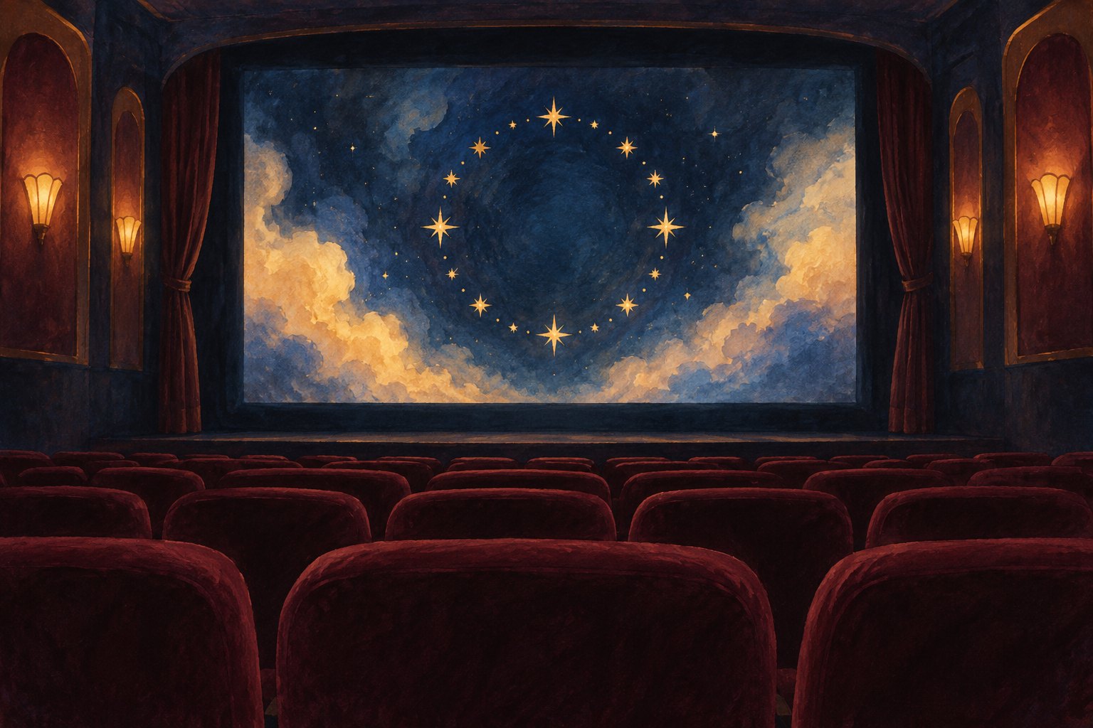 An illustrated cinema with burgundy seats facing a glowing screen filled with a circular arrangement of stars.