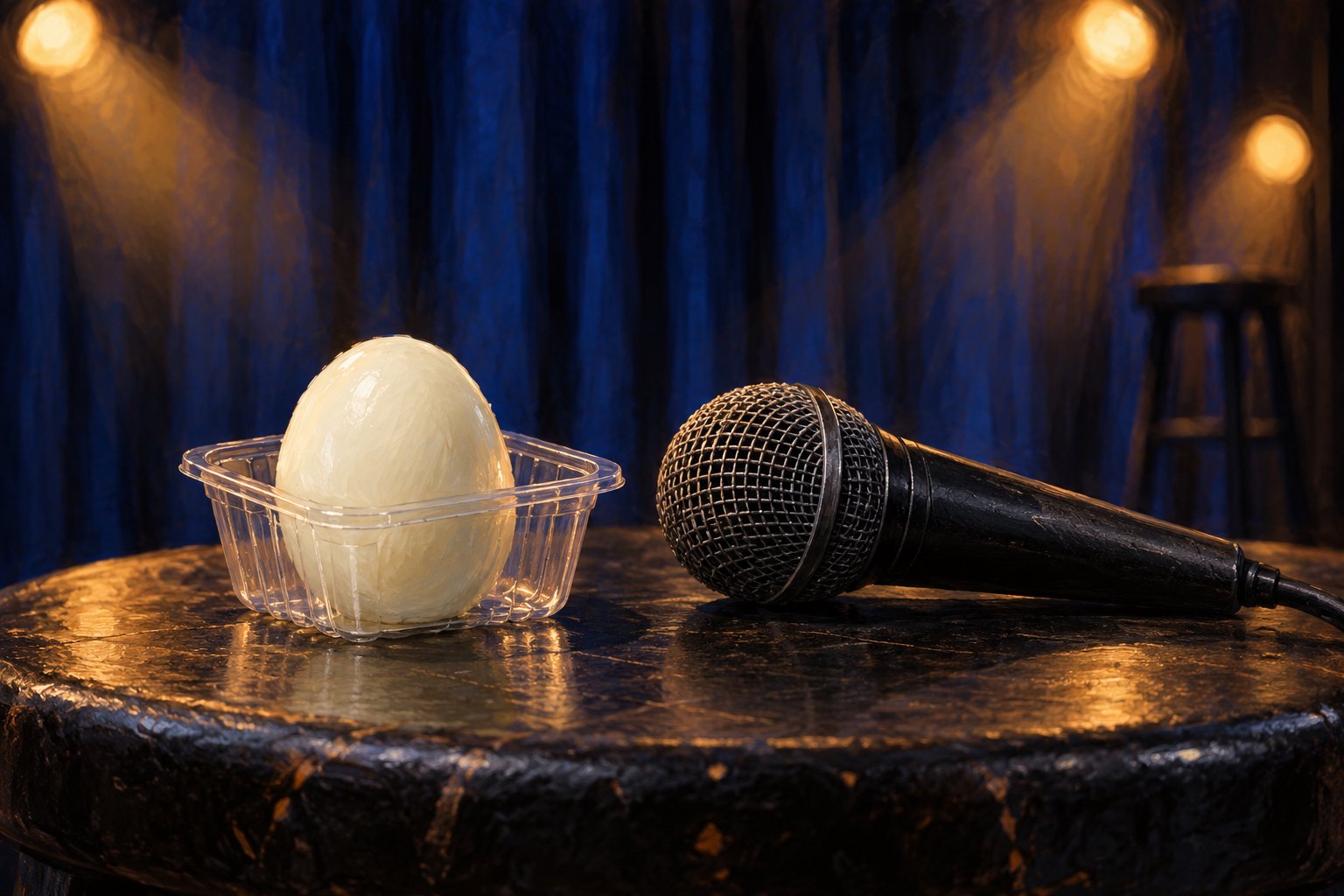 Conceptual illustration of a peeled egg in a clear snack tray beside a microphone under warm stage lights.