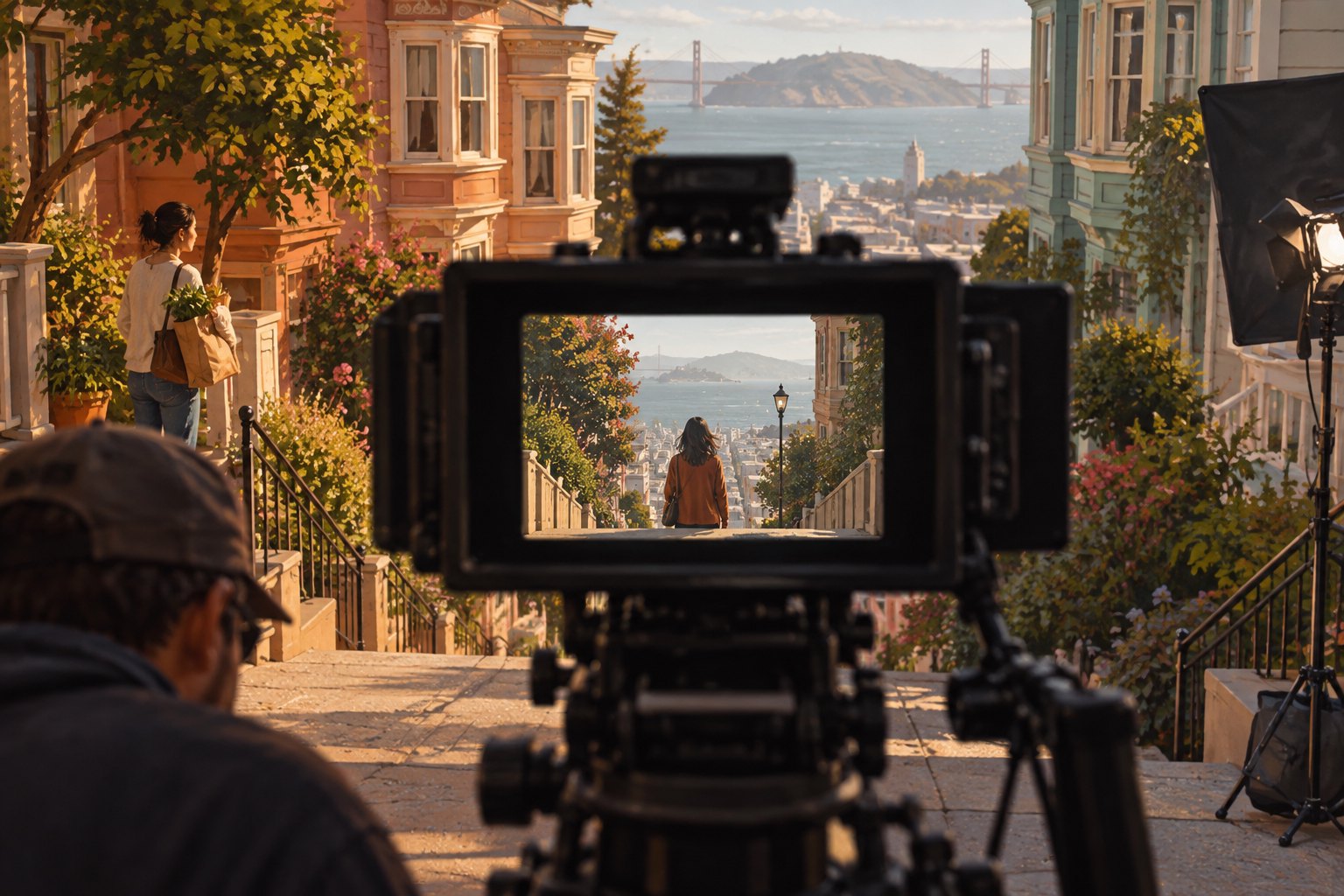 Conceptual illustration of a film crew and lighting equipment on a sloping San Francisco street at dusk.