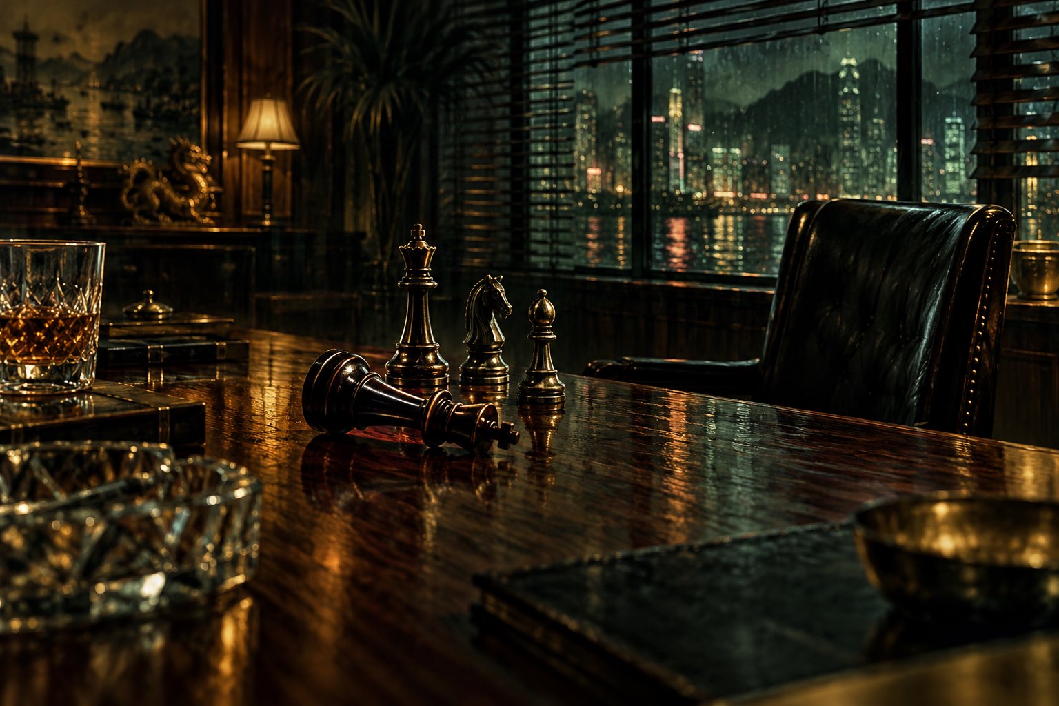 主题插画：会所木桌上的倒下棋子与空皮椅，象征权力失去支撑